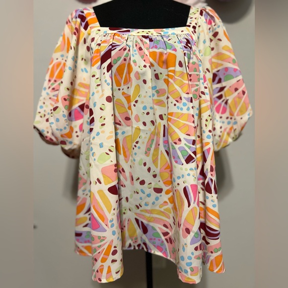 ODDY Orange and Pink Flutter Sleeve Blouse Sz 1x PTP 24” - Picture 4 of 5